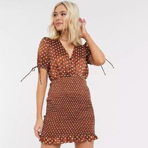 XS Moon River satin bodycon dress in brown polka dot from ASOS